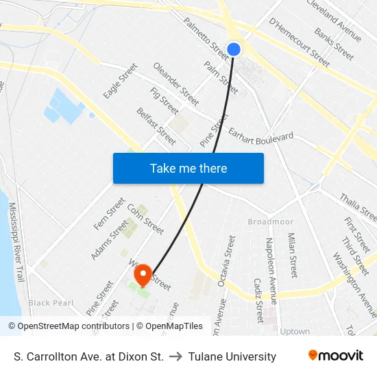 S. Carrollton Ave. at Dixon St. to Tulane University map