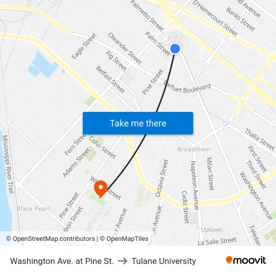 Washington Ave. at Pine St. to Tulane University map