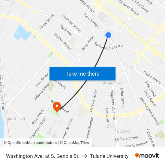 Washington Ave. at S. Genois St. to Tulane University map