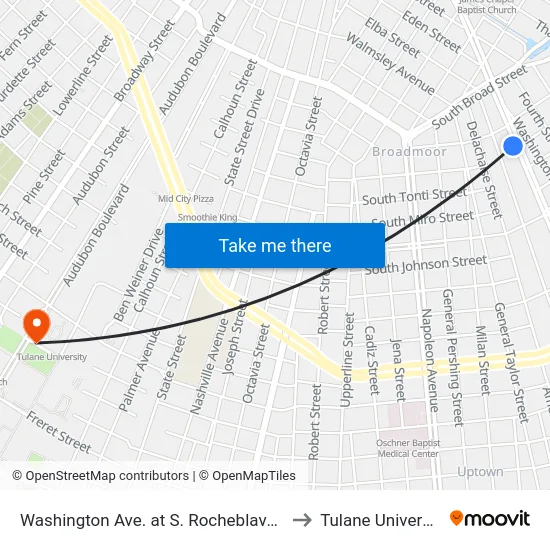 Washington Ave. at S. Rocheblave St. to Tulane University map