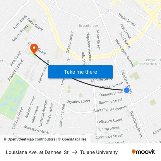 Louisiana Ave. at Danneel St. to Tulane University map