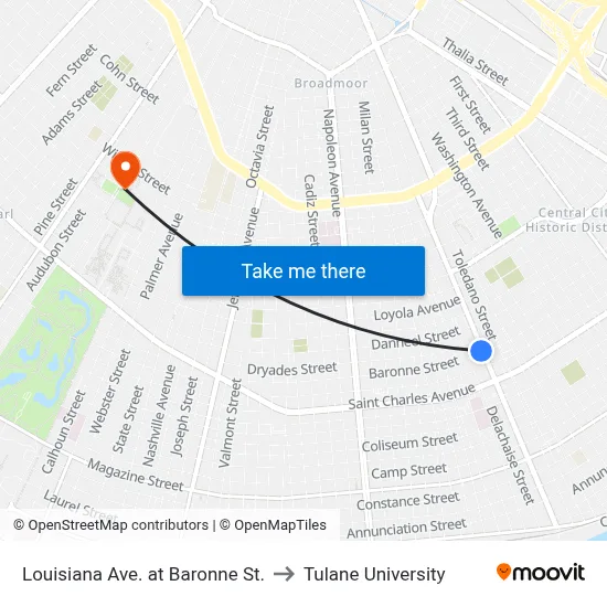 Louisiana Ave. at Baronne St. to Tulane University map