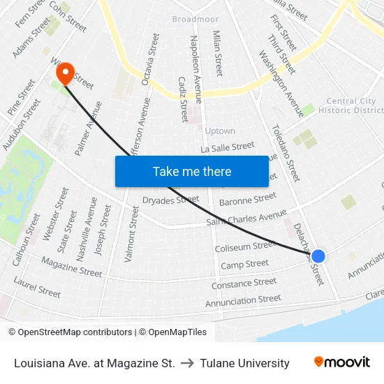Louisiana Ave. at Magazine St. to Tulane University map