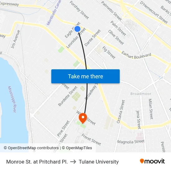 Monroe St. at Pritchard Pl. to Tulane University map