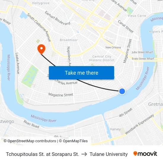 Tchoupitoulas St. at Soraparu St. to Tulane University map