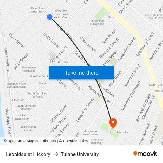 Leonidas St. at Hickory St. to Tulane University map