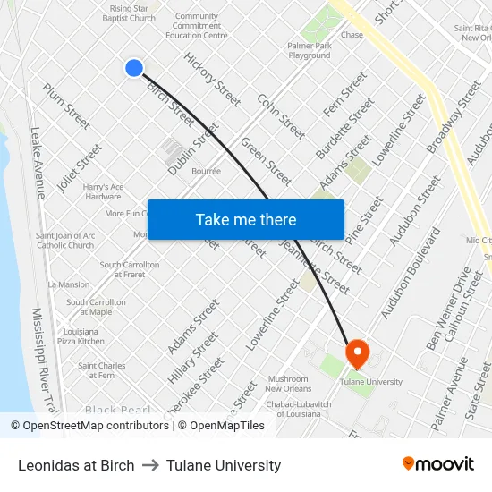 Leonidas at Birch to Tulane University map