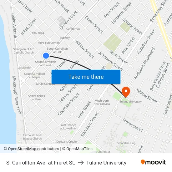S. Carrollton Ave. at Freret St. to Tulane University map