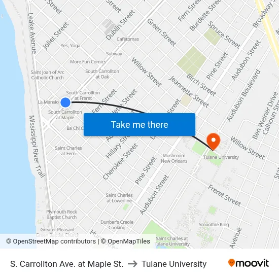 S. Carrollton Ave. at Maple St. to Tulane University map