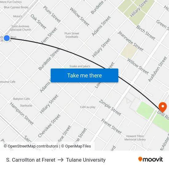 S. Carrollton at Freret to Tulane University map