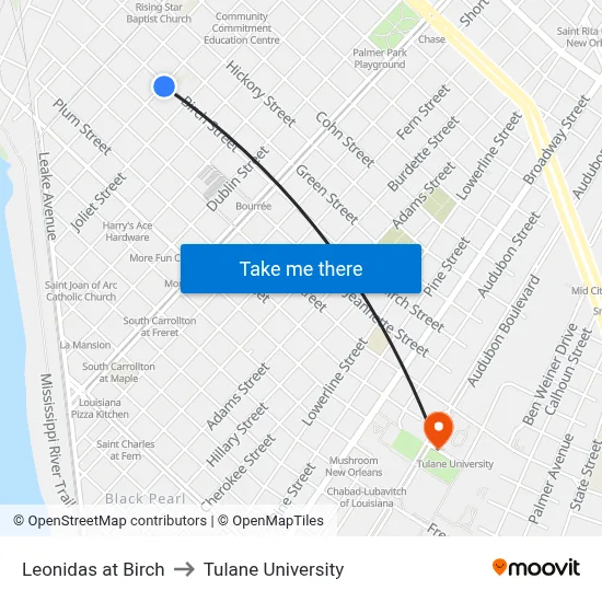 Leonidas at Birch to Tulane University map