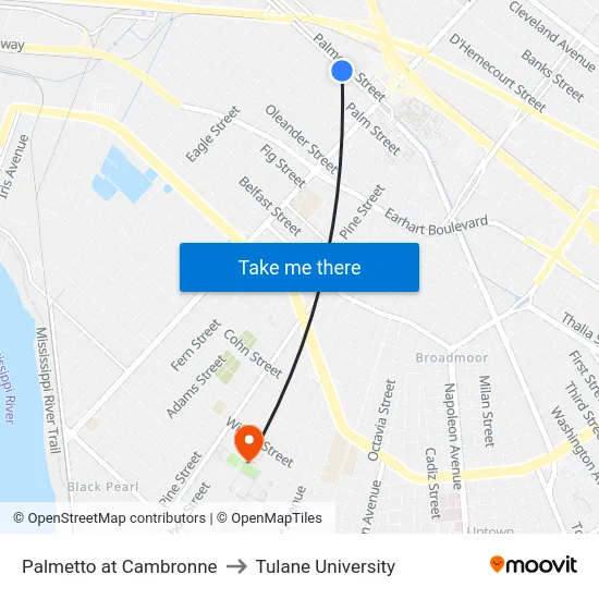 Palmetto at Cambronne to Tulane University map