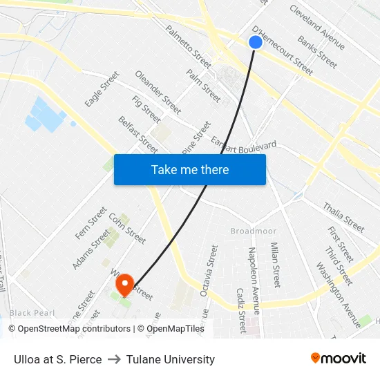 Ulloa at S. Pierce to Tulane University map
