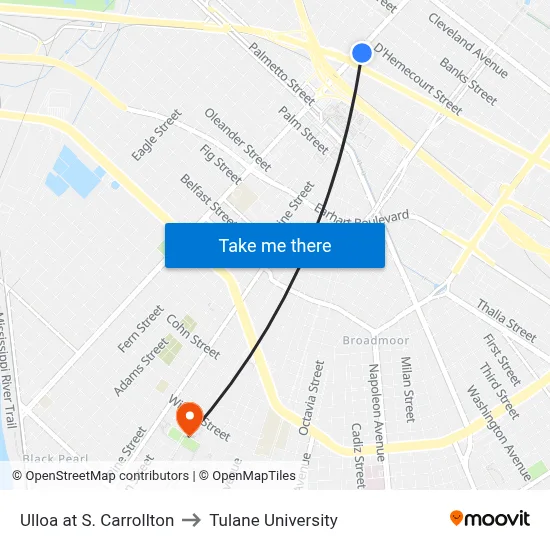 Ulloa at S. Carrollton to Tulane University map