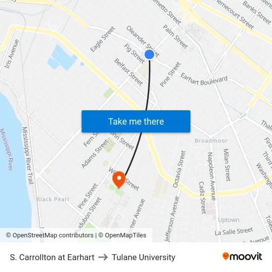 S. Carrollton at Earhart to Tulane University map