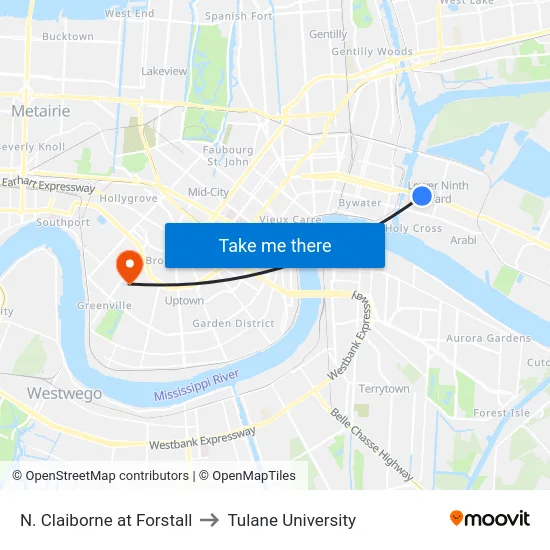 N. Claiborne at Forstall to Tulane University map
