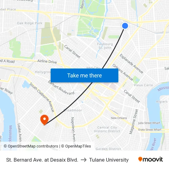 St. Bernard Ave. at Desaix Blvd. to Tulane University map