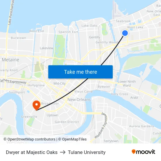 Dwyer at Majestic Oaks to Tulane University map