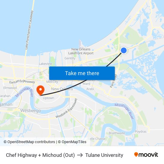 Chef Highway + Michoud (Out) to Tulane University map