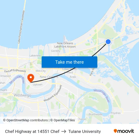 Chef Highway at 14551 Chef to Tulane University map