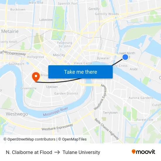 N. Claiborne at Flood to Tulane University map