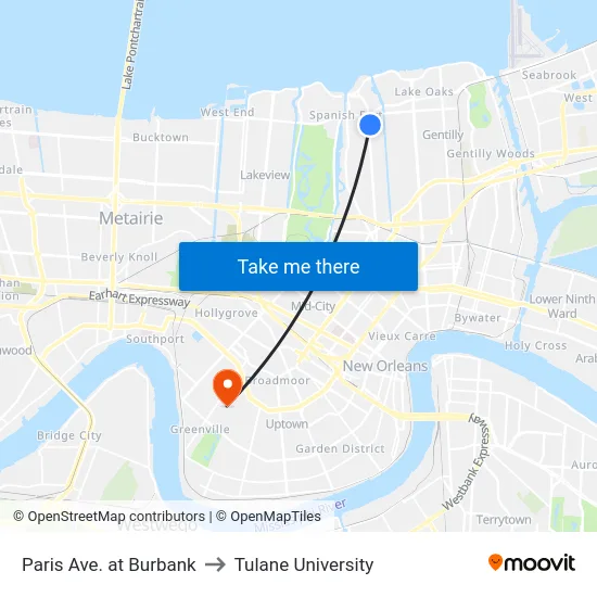 Paris Ave. at Burbank to Tulane University map