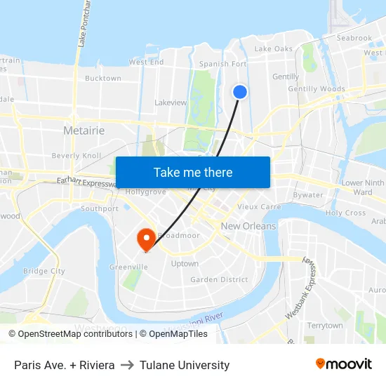 Paris Ave. + Riviera to Tulane University map