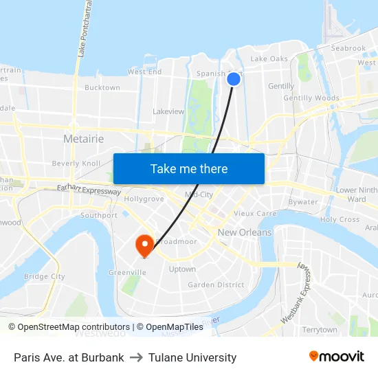 Paris Ave. at Burbank to Tulane University map