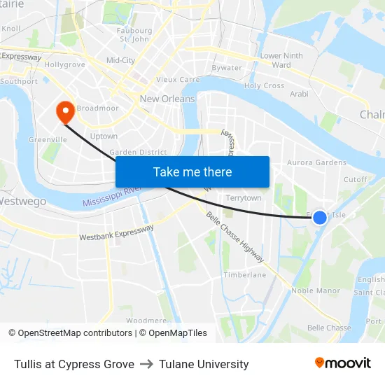 Tullis at Cypress Grove to Tulane University map