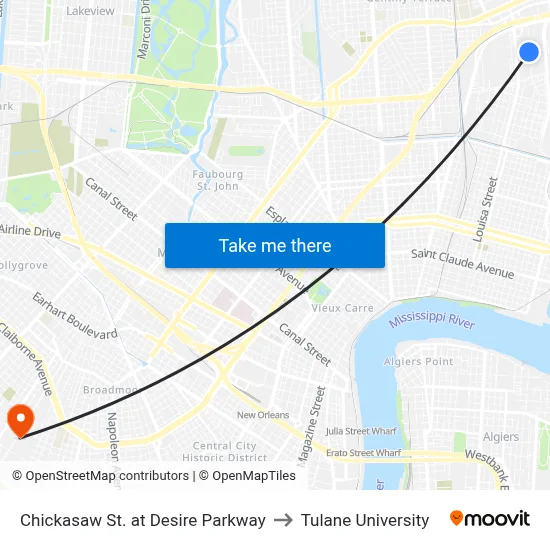 Chickasaw St. at Desire Parkway to Tulane University map