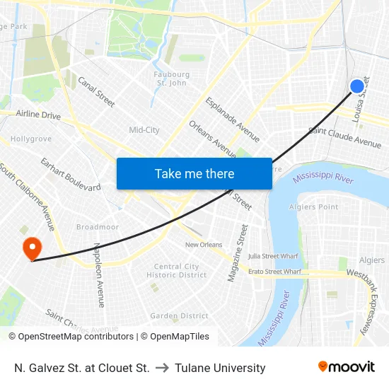 N. Galvez St. at Clouet St. to Tulane University map