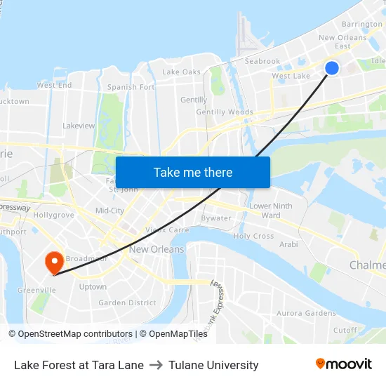 Lake Forest at Tara Lane to Tulane University map