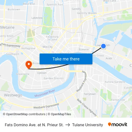 Fats Domino Ave. at N. Prieur St. to Tulane University map