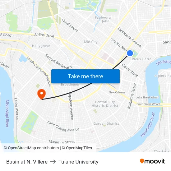 Basin at N. Villere to Tulane University map