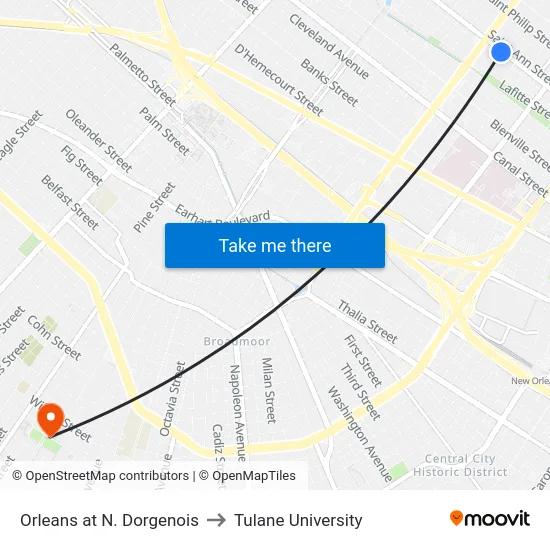 Orleans at N. Dorgenois to Tulane University map