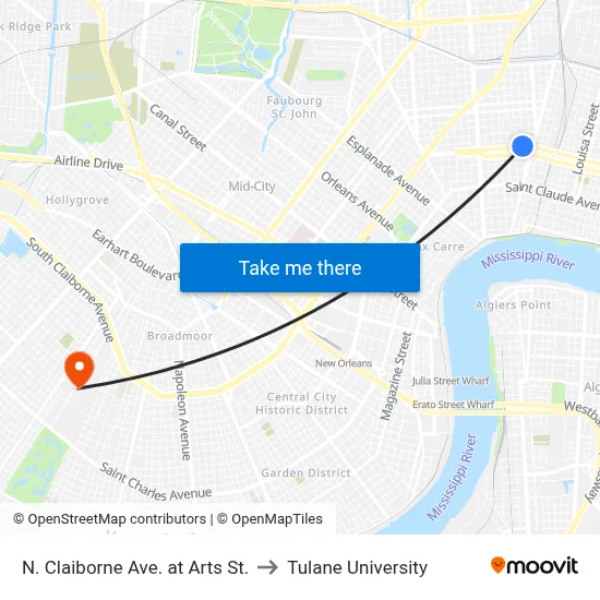 N. Claiborne Ave. at Arts St. to Tulane University map