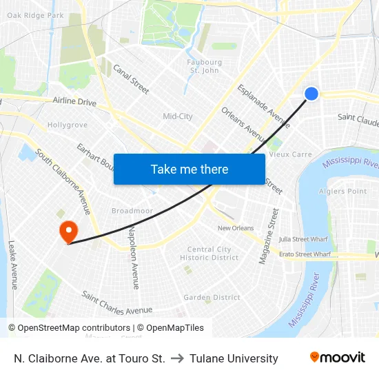 N. Claiborne Ave. at Touro St. to Tulane University map