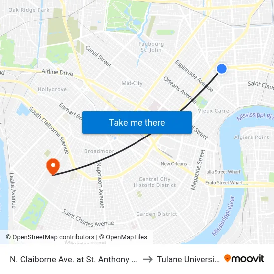 N. Claiborne Ave. at St. Anthony St. to Tulane University map