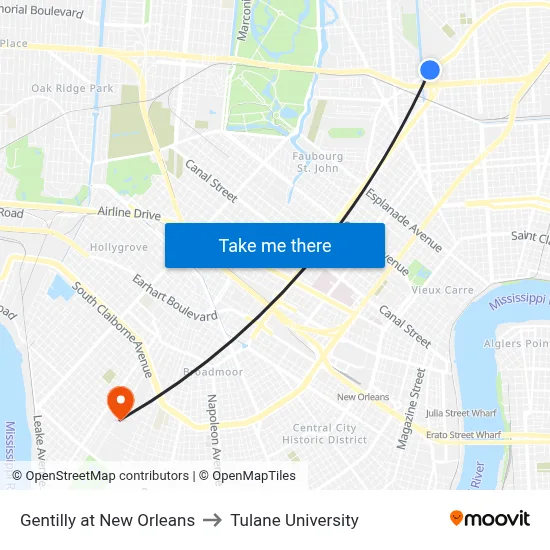 Gentilly at New Orleans to Tulane University map