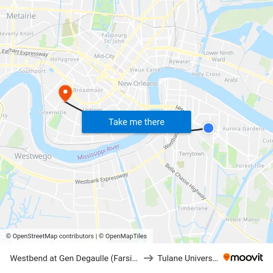 Westbend at Gen Degaulle (Farside) to Tulane University map
