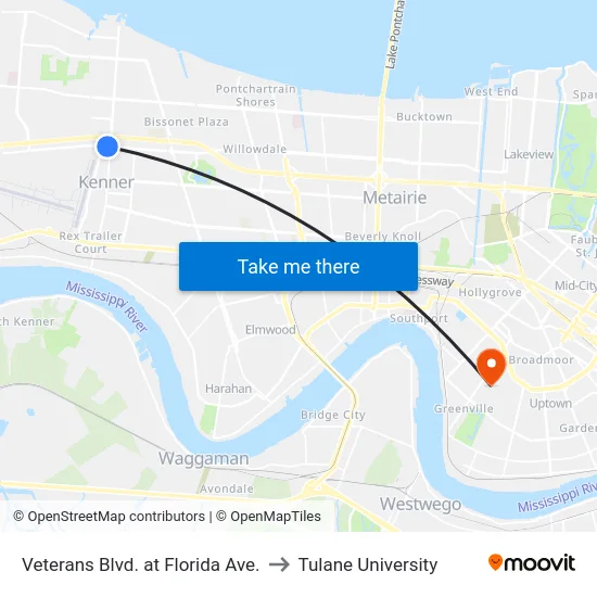 Veterans Blvd. at Florida Ave. to Tulane University map