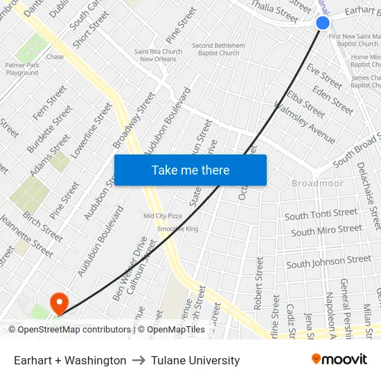 Earhart + Washington to Tulane University map