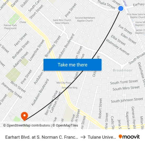 Earhart Blvd. at S. Norman C. Francis Pkwy. to Tulane University map