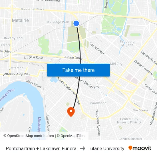 Pontchartrain + Lakelawn Funeral to Tulane University map