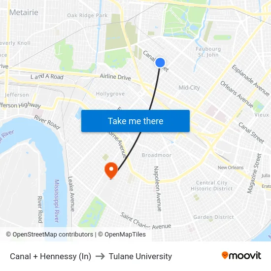 Canal + Hennessy (In) to Tulane University map
