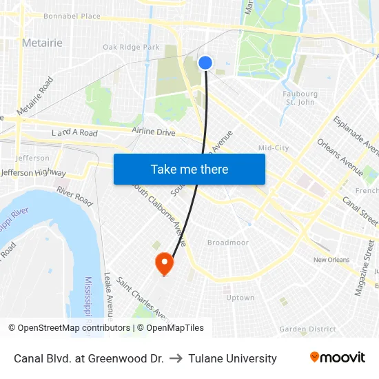 Canal Blvd. at Greenwood Dr. to Tulane University map