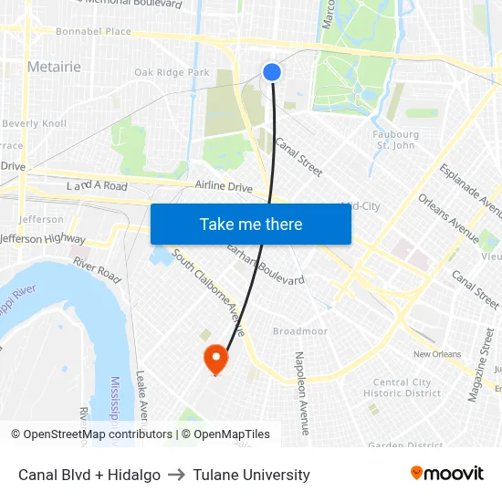 Canal Blvd + Hidalgo to Tulane University map