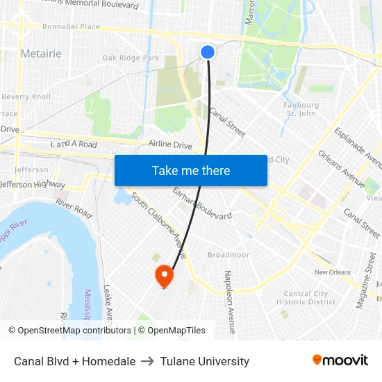 Canal Blvd + Homedale to Tulane University map