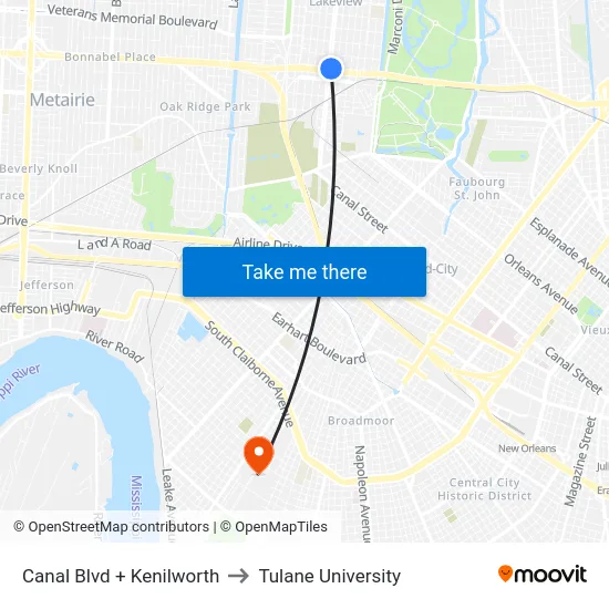 Canal Blvd + Kenilworth to Tulane University map