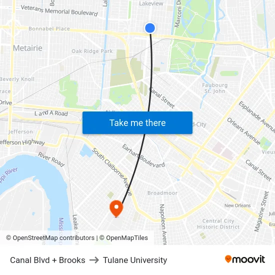 Canal Blvd + Brooks to Tulane University map